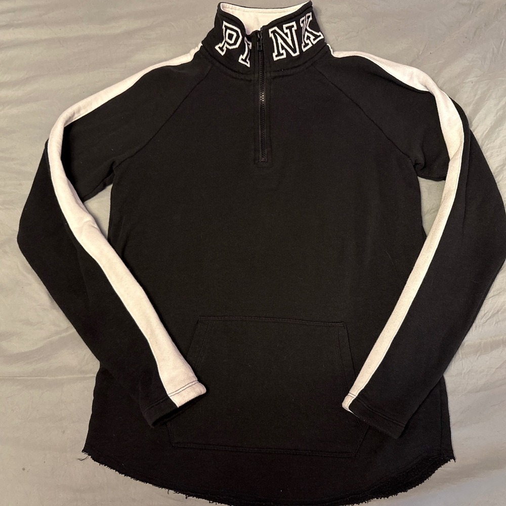 PINK Victoria's Secret Women Black Quarter Zip Pullover Sweatshirt Logo Collar S